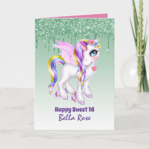 Personalized Sweet 16 Pretty Unicorn Birthday Card