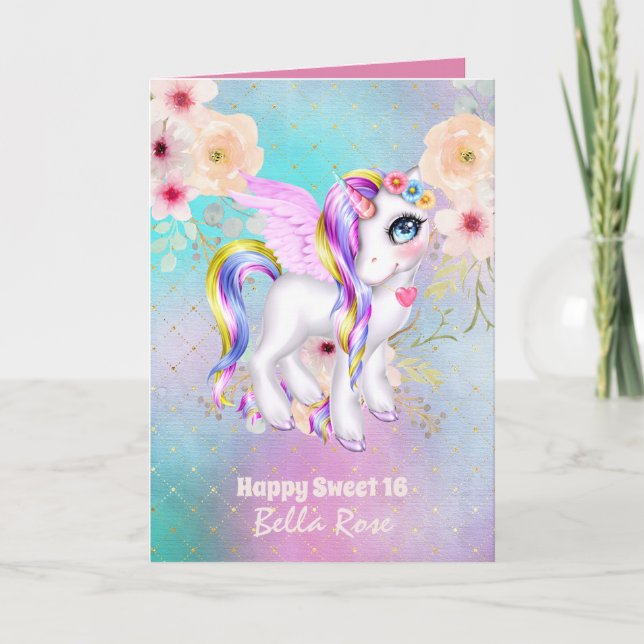 Personalized Sweet 16 Pretty Unicorn Birthday Card (Front)