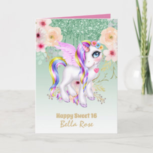 Personalized Sweet 16 Pretty Unicorn Birthday Card