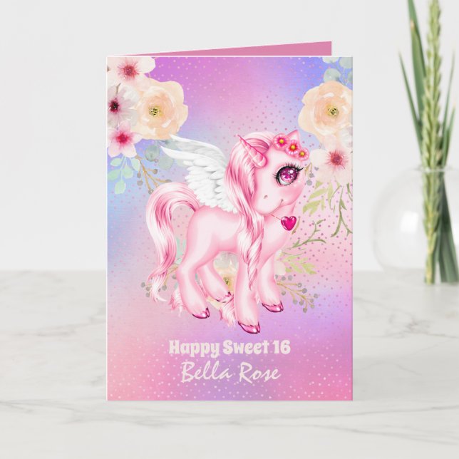 Personalized Sweet 16 Pretty Unicorn Birthday Card (Front)