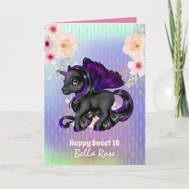 Personalized Sweet 16 Pretty Unicorn Birthday Card (Front)
