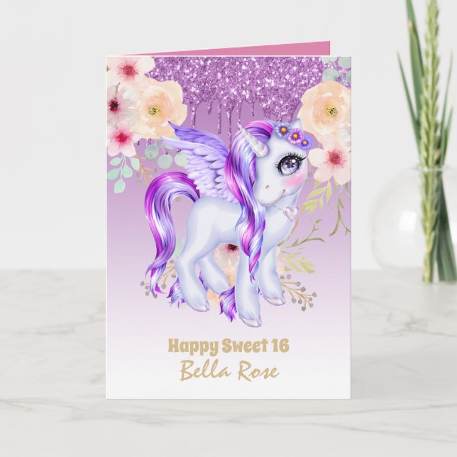 Personalized Sweet 16 Pretty Unicorn Birthday Card (Front)