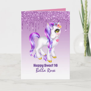 Personalized Sweet 16 Pretty Unicorn Birthday Card
