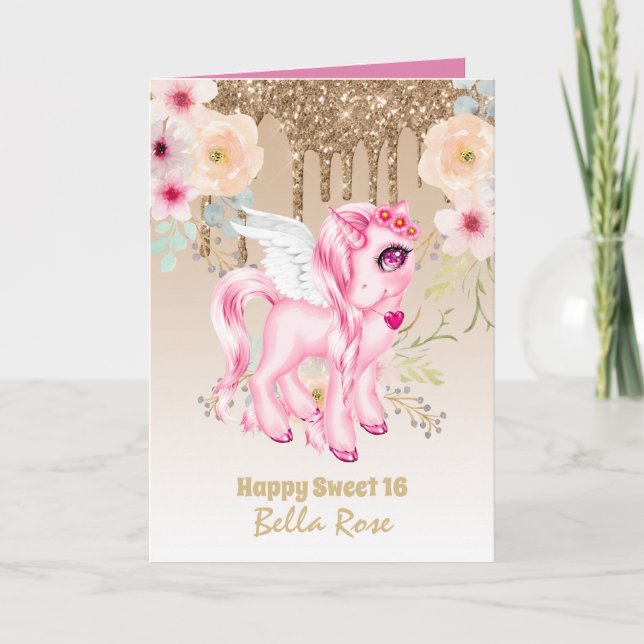 Personalized Sweet 16 Pretty Unicorn Birthday Card (Front)