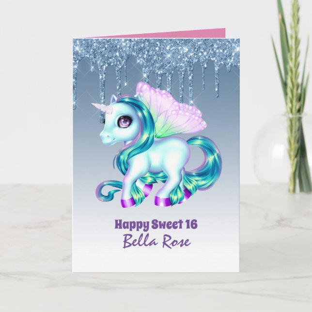 Personalized Sweet 16 Pretty Unicorn Birthday Card (Front)