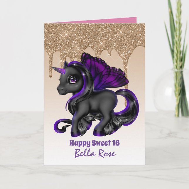 Personalized Sweet 16 Pretty Unicorn Birthday Card (Front)