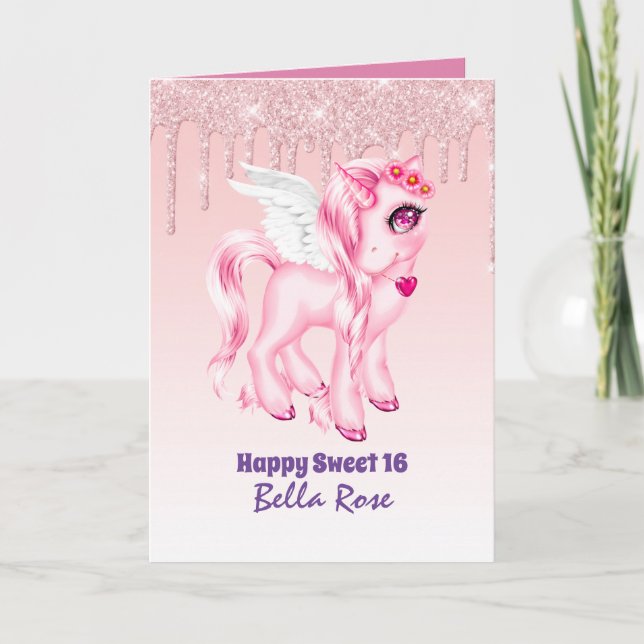 Personalized Sweet 16 Pretty Unicorn Birthday Card (Front)