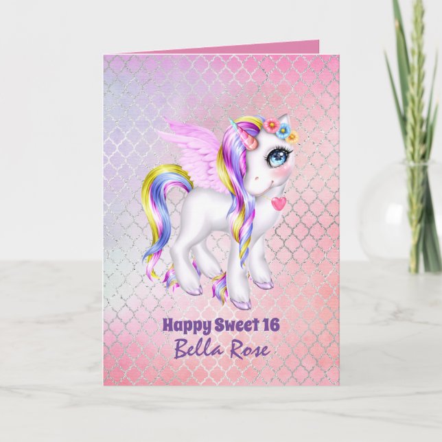 Personalized Sweet 16 Pretty Unicorn Birthday Card (Front)