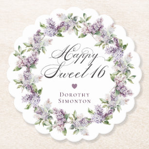 Personalized Sweet 16 Purple Lilac Flower Paper Coaster