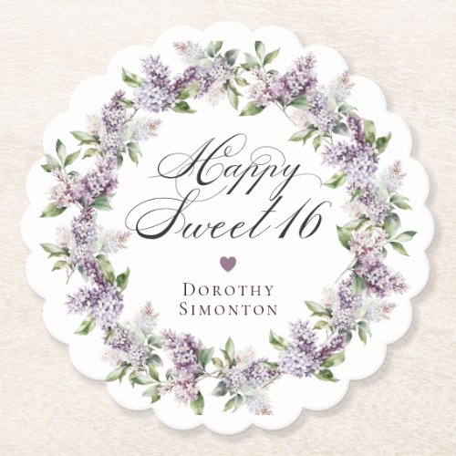 Personalized Sweet 16 Purple Lilac Flower Paper Coaster