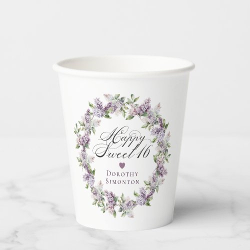 Personalized Sweet 16 Purple Lilac Flower Paper Cups