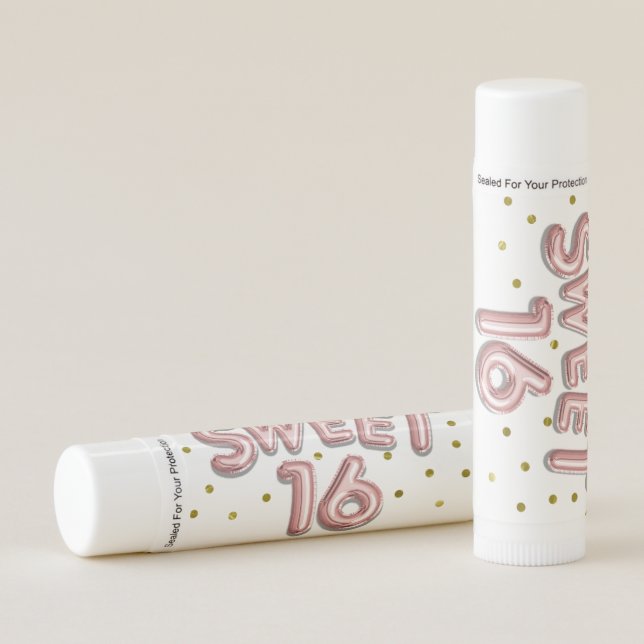 Personalized Sweet 16 Rose Gold Balloons Party Lip Balm (Front)