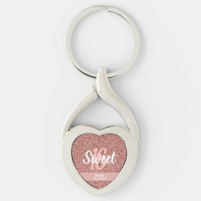 Personalized Sweet 16 Rose Gold Pink Glitter Keychain (Front)