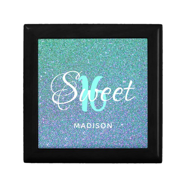 Personalized Sweet 16 Teal Blue Glitter Girls Gift Box (Front)