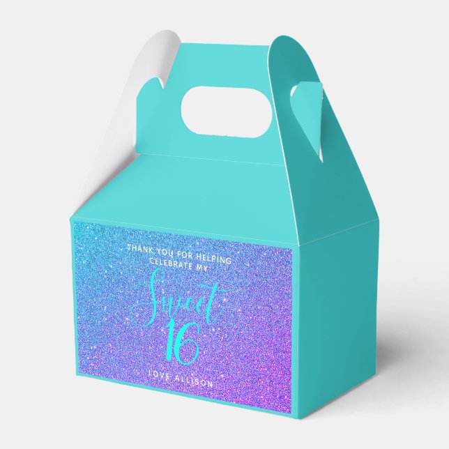 Personalized Sweet 16 Teal Purple Glitter Party Favor Boxes (Front Side)