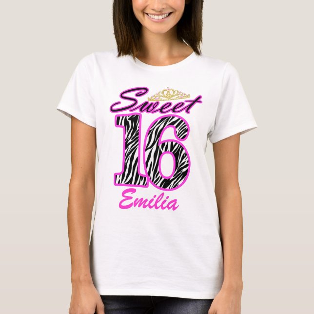 Personalized Sweet 16 Tiara and zebra print T-Shirt (Front)