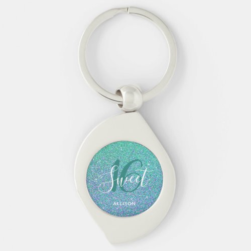 Personalized Sweet 16 Turquoise Blue Glitter Glam Keychain