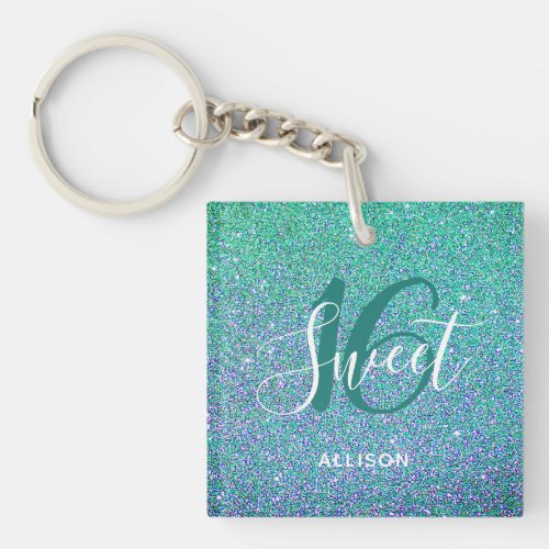 Personalized Sweet 16 Turquoise Blue Glitter Keychain