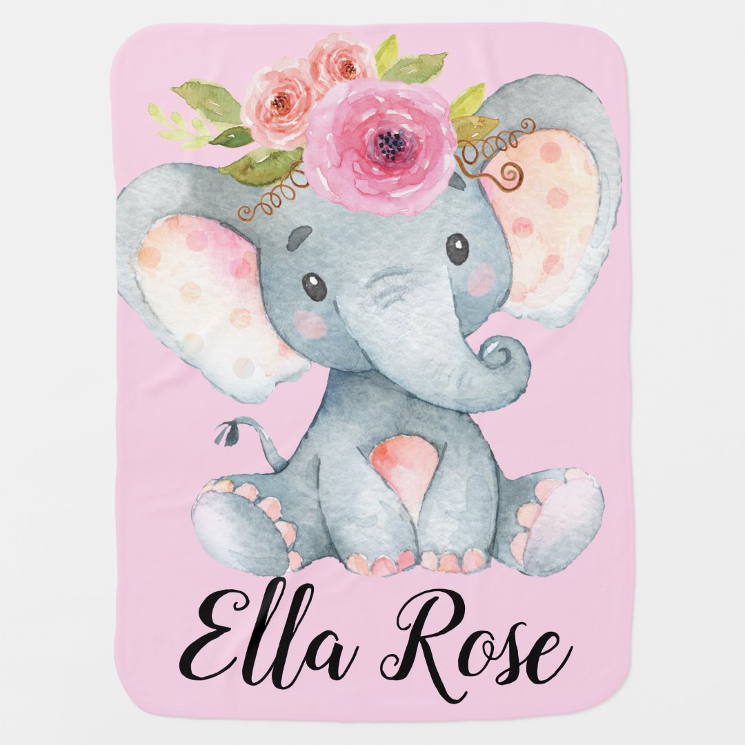 Personalized Sweet Baby Elephant Girl Floral Baby Blanket | Zazzle