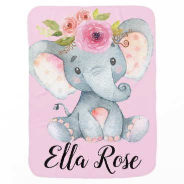 Personalized Sweet Baby Elephant Girl Floral Baby Blanket