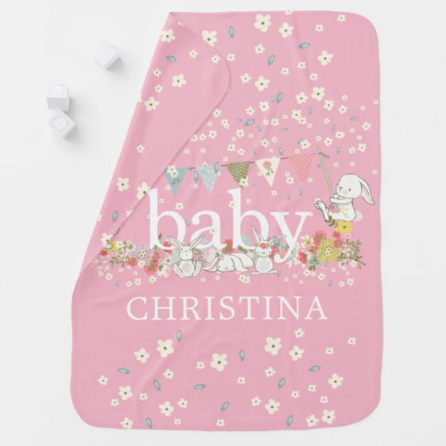 Personalized Sweet Bunnies Baby Receiving Blanket (In Situ)