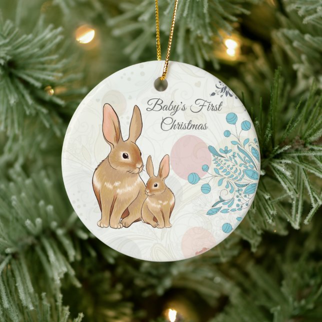 Personalized Sweet Bunnies Baby's 1st Christmas Ceramic Ornament (Tree)