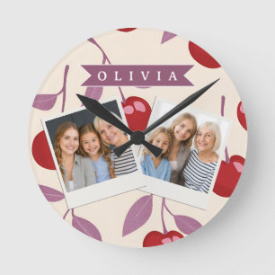 Personalized Sweet Cherry Pattern Cute Girly Retro Round Clock