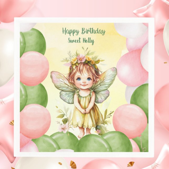 Personalized Sweet Fairy 1st Birthday Napkins (Personalized Sweet Fairy 1st Birthday Napkin | Pastel Pink & Green Balloons)