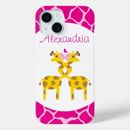 Personalized Sweet Giraffes in Love Pink iPhone 15 Case