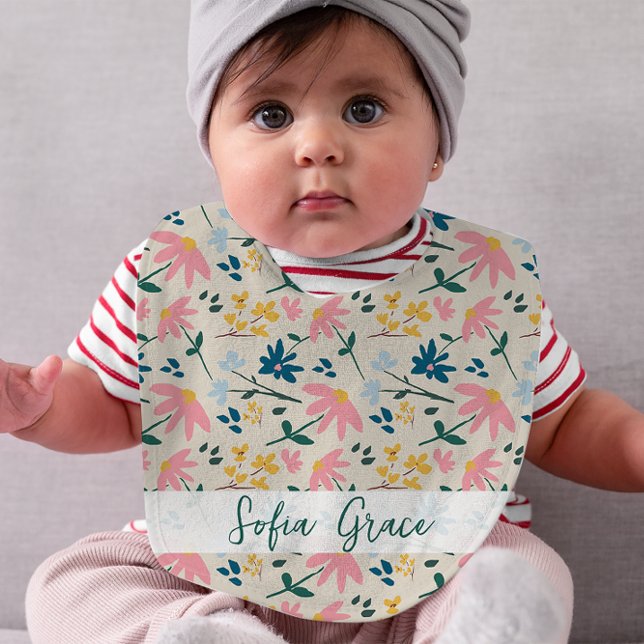 Personalized Sweet Girly Floral Pattern Design Baby Bib (Personalized baby girl floral bib.)