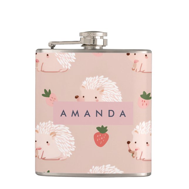 Personalized Sweet Hedgehog & Strawberry Pattern Flask (Front)