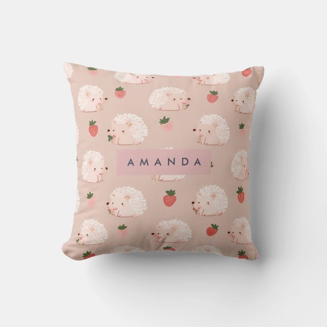 Personalized Sweet Hedgehog & Strawberry Pattern Throw Pillow (Front)