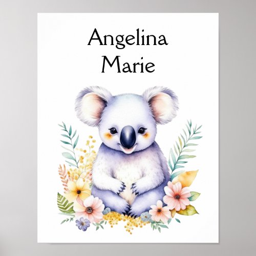 Personalized Sweet Koala Bear Baby Nursery Art Poster