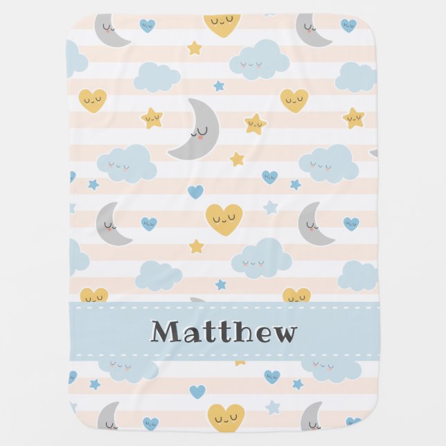 Personalized Sweet Moon Sky Stars Custom Name Boys Baby Blanket (Front)