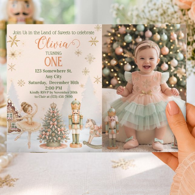 Personalized Sweet One Nutcracker Photo Birthday Invitation (Nutcracker Ballerina Photo Snow Globe Sweet One Invitation)