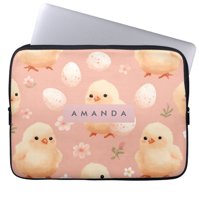 Personalized Sweet Pastel Baby Chick Pattern Laptop Sleeve (Front)