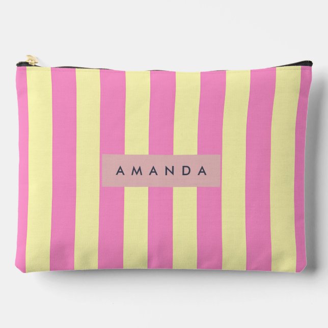 Personalized Sweet Pastel Pink and Yellow Stripe Accessory Pouch (Front)