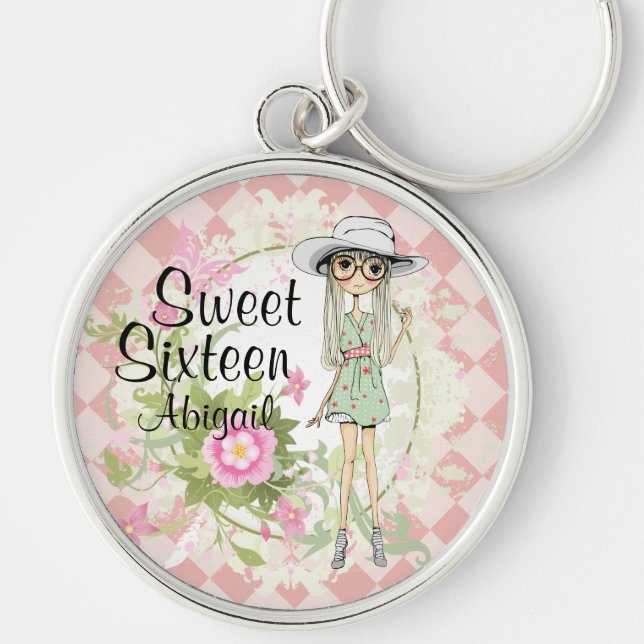 Personalized Sweet Sixteen Cool Girl Sweet 16 Keychain (Front)