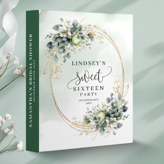 Personalized Sweet Sixteen Dusty Green Eucalyptus 3 Ring Binder