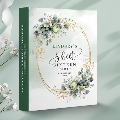 Personalized Sweet Sixteen Dusty Green Eucalyptus  3 Ring Binder