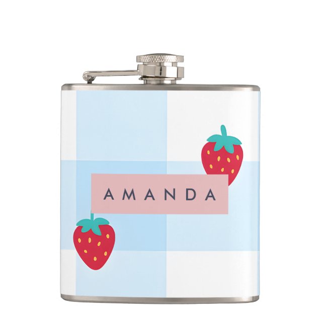 Personalized Sweet Strawberry Gingham Blue Flask (Front)