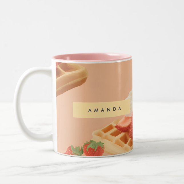 Personalized Sweet Strawberry Waffle Pattern Two-Tone Coffee Mug (Left)