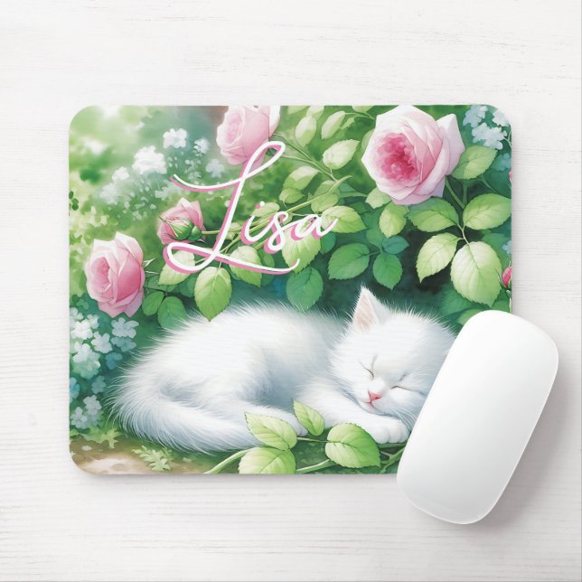 Personalized Sweet White Kitten Napping Mouse Pad (With Mouse)