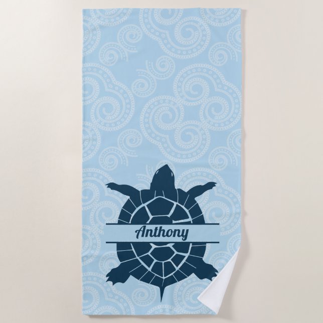 Personalized Swimming Blue Sea Turtle  Beach Towel (Front)