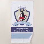 Personalized Swimming Club Crest Cute Penguin Beach Towel