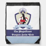 Personalized Swimming Club Crest Cute Penguin Drawstring Bag