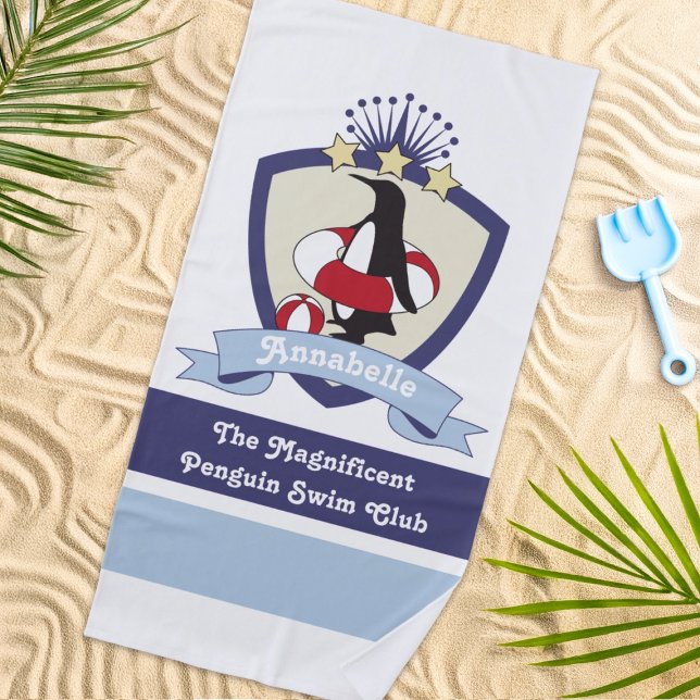 Personalized Swimming Club Crest Cute Penguin Kids Beach Towel (Creator Uploaded)