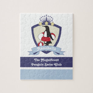 Personalized Swimming Club Crest Cute Penguin Kids Jigsaw Puzzle