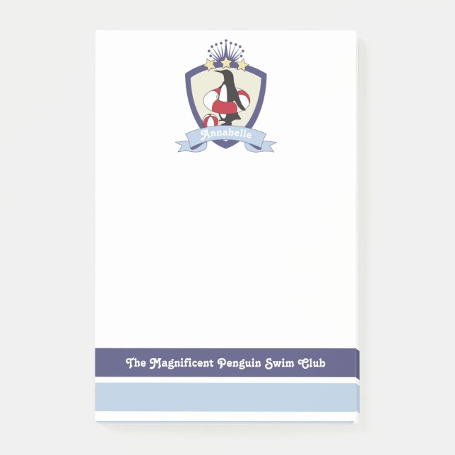 Personalized Swimming Club Crest Cute Penguin Kids Post-it Notes (Front)