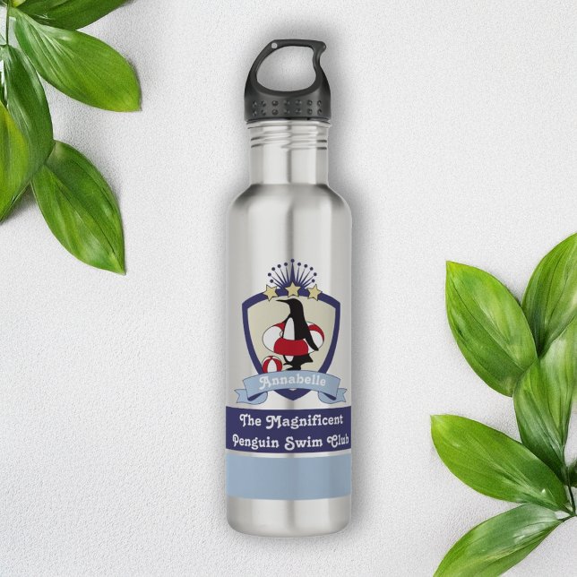 Personalized Swimming Club Crest Cute Penguin Kids Stainless Steel Water Bottle (Creator Uploaded)